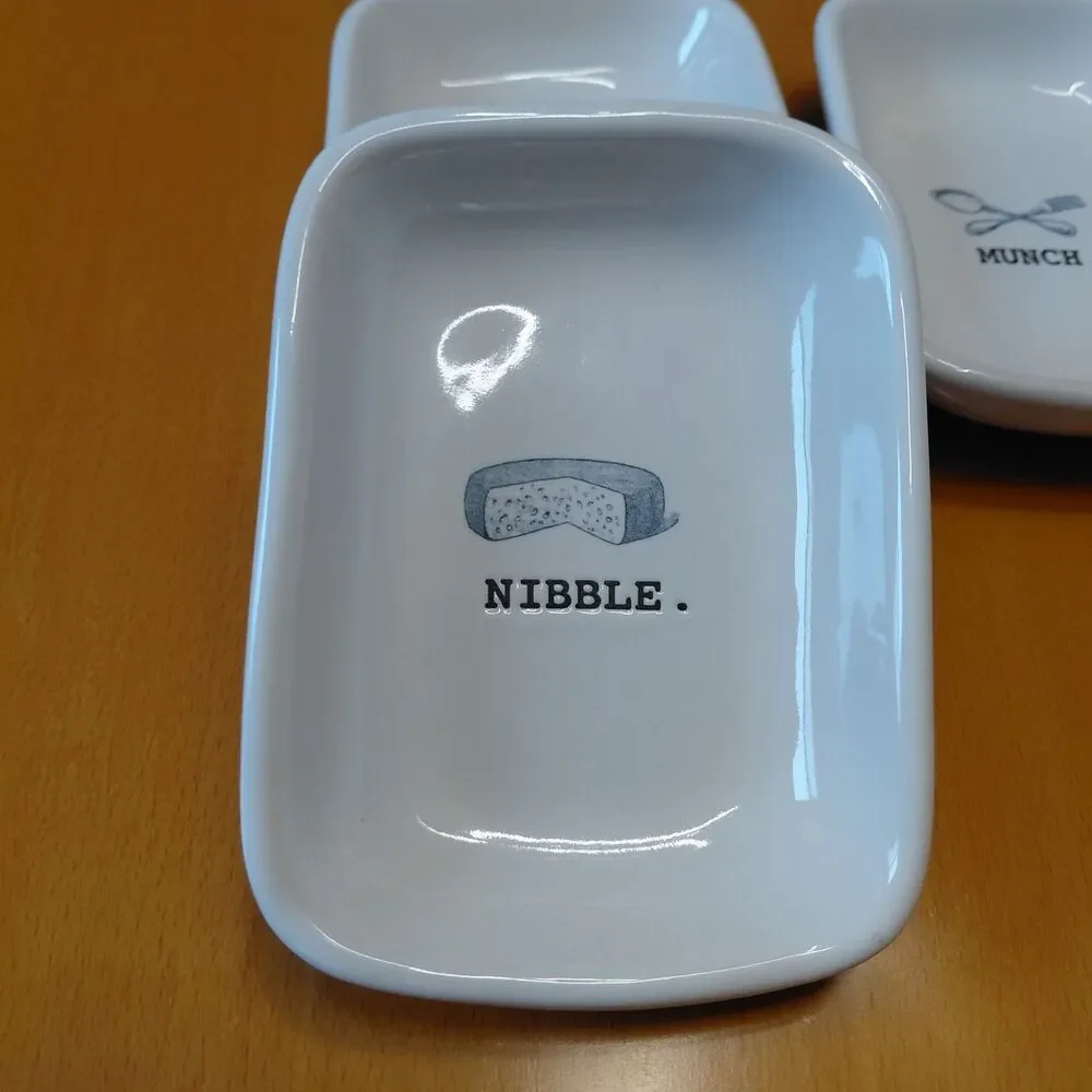 EUC Rae Dunn Set 3 Nibble Snack Munch Appetizer Plates White Ceramic Trays